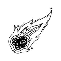 Falling meteorite icon. Burning asteroid with craters, comet with fiery tail. Space object, astrology and astronomy. Hand drawn black and white meteor, cosmic stars. Simple isolated doodle vector