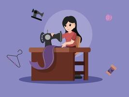 Skilled Seamstress Working on a Sewing Machine to Create a Beautiful Handmade Fabric Piece. vector