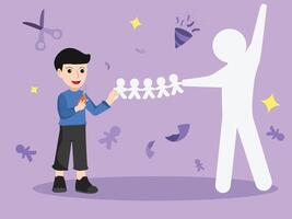 Creative Boy Making a Paper Chain of People, Symbolizing Unity and Craftsmanship. vector