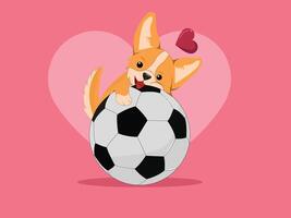 Adorable Cartoon of a Playful Corgi Puppy Hugging a Soccer Ball with Joy vector