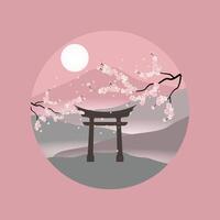 illustration template design with sakura cherry blossom and Torii gate, natural views and full moon in pink palette vector