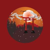 Torii Gate Illustration Design with Cherry Blossoms in Red Color and fullmoon vector