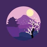 illustration template design with sakura cherry blossom and temple, natural views and full moon suitable for decoration vector