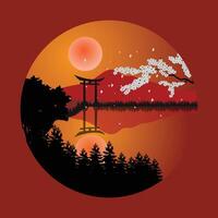 Torii Gate Illustration Design with Cherry Blossoms in Red Color and full moon, illustration template vector