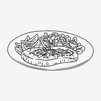 Grilled Steak with Potatoes and Veggies. Thin Line Illustration. vector