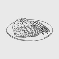 A delicious meal of steak, asparagus and mashed potatoes on a plate. Thin line illustration. vector