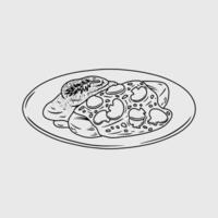 Chicken schnitzel with mashed potatoes and mushroom sauce. Thin line illustration. vector