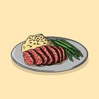 A delicious meal of steak, asparagus and mashed potatoes on a plate. vector