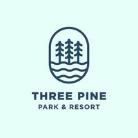 classic floatting three pines tree on river .evergreen fir conifer spruce cedar larch cypress tree. Forest vintage logo design vector