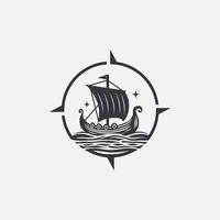 Viking ship with a compass for adventure, exploration, and navigation logo design vector