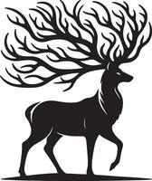 A black and white silhouette of a deer with branches vector