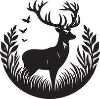 a black and white deer silhouette with grass and butterflies vector