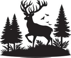 Silhouette of a deer in the forest with trees and birds vector