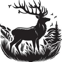 A black and white illustration of a deer in the forest vector