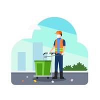 garbage worker or janitor and cleaning litter and leaves vector