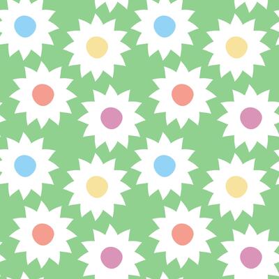 Naive seamless pattern with flowers on green background in doodle style.