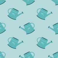 Seamless pattern with blue watering can. Spring texture with garden tools. vector