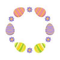 Frame of Easter chicken eggs and flowers with copy space.Spring design in flat style. vector