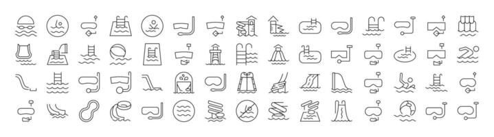 Set of Water Park, Aquapark, Swimming Pool, Diving Related Line Icons. Outline Signs for Graphic and Web Design, Apps, Adverts, Various Cards vector