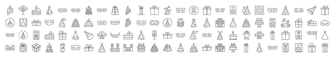 Collection of Party Related Line Icons. Editable Stroke for Design, Web Sites, Apps, Cards. Contains Linear Images of Musical Center, Cake, Masquerade Mask, Gift, Present vector