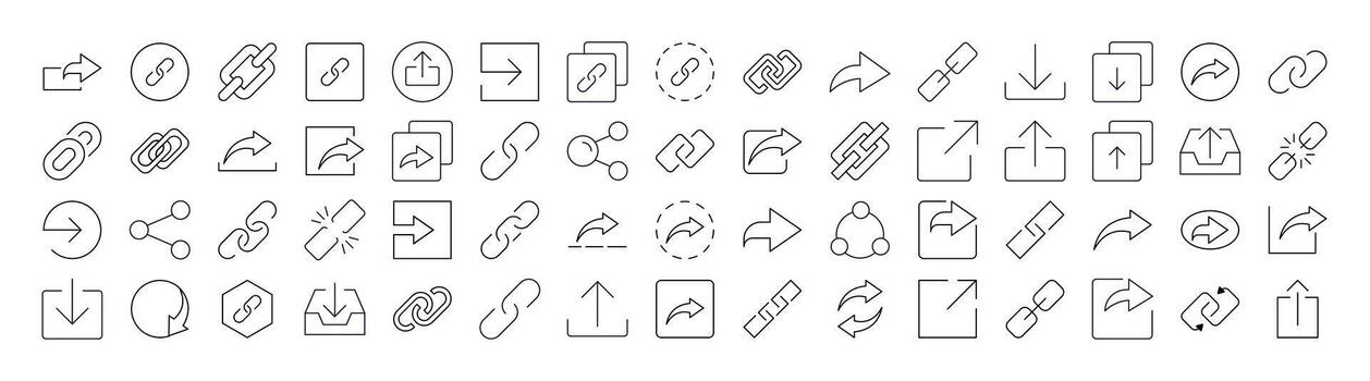 Pack of Share and Link Related Line Icons. Outline Signs for Graphic and Web Design, Apps, Adverts, Various Cards vector