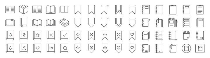 Collection of Book, Bookmark, Diary Related Line Icons. Outline Signs for Graphic and Web Design, Apps, Adverts, Various Cards vector