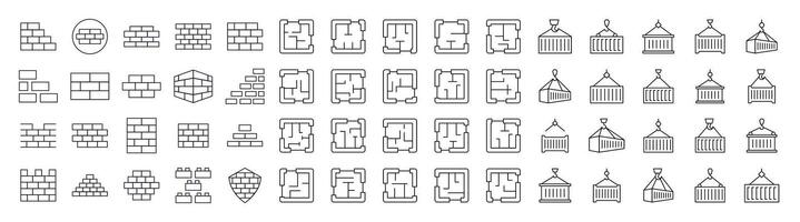 Collection of Brick Walls, Floor Plan, Building Related Line Icons. Outline Signs for Graphic and Web Design, Apps, Adverts, Various Cards vector