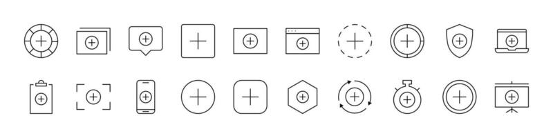 Pack of Plus Sign Related Line Icons. Outline Signs for Graphic and Web Design, Apps, Adverts, Various Cards vector