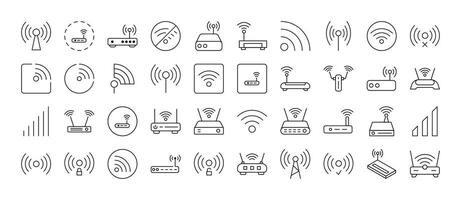 Set of WiFi and Router Related Line Icons. Outline Signs for Graphic and Web Design, Apps, Adverts, Various Cards vector