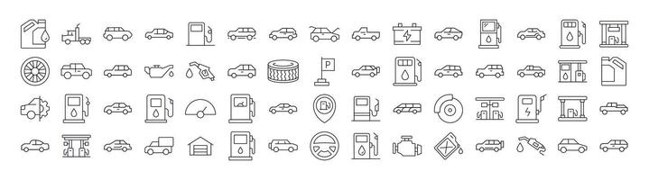 Collection of Car, Gas Station, Road Related Line Icons. Outline Signs for Graphic and Web Design, Apps, Adverts, Various Cards vector