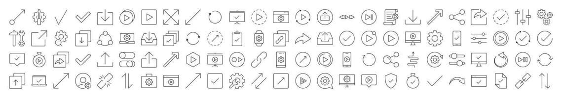 Arrows, Share, Check, Turn, Download, Settings Bundle of Thin Icons. Editable Stroke. Suitable for Web Sites, Books, Cards, Apps vector