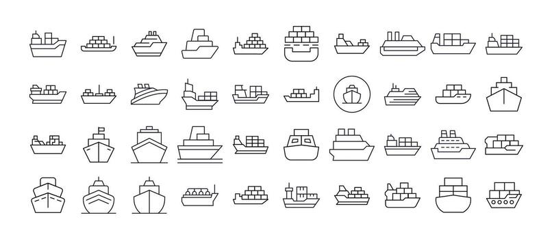 Ship Line Icon Set. Outline Signs for Graphic and Web Design, Apps, Adverts, Various Cards vector