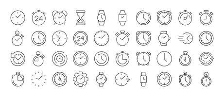 Pack of Clock, Smart Watch, Alarm Clock, Timer Related Line Icons. Outline Signs for Graphic and Web Design, Apps, Adverts, Various Cards vector