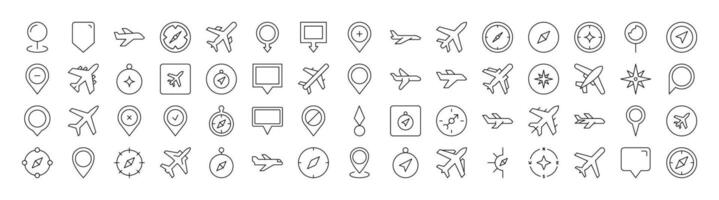Bundle of Plane, Map Pin, Compass Related Line Icons. Outline Signs for Graphic and Web Design, Apps, Adverts, Various Cards vector