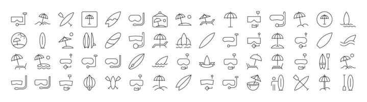 Diving Mask, Surfboard, Umbrella, Beach Line Icon Bundle. Outline Signs for Graphic and Web Design, Apps, Adverts, Various Cards vector