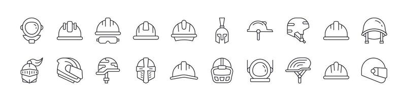 Set of Helmet Related Line Icons. Outline Signs for Graphic and Web Design, Apps, Adverts, Various Cards vector
