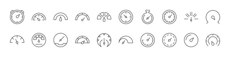 Collection of Speedometer Related Line Icons. Outline Signs for Graphic and Web Design, Apps, Adverts, Various Cards vector