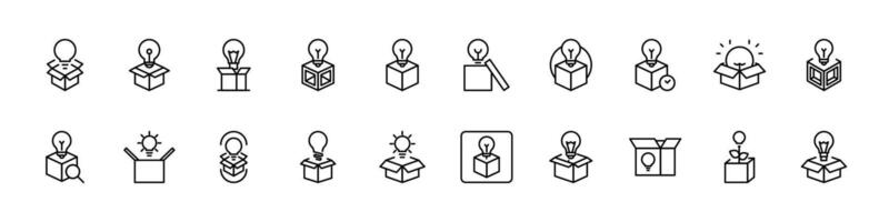 Light Bulb in Box Bundle of Related Line Icons. Outline Signs for Graphic and Web Design, Apps, Adverts, Various Cards vector