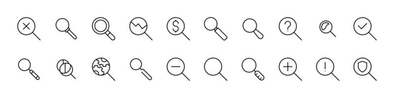Magnifying Glass Line Icon Bundle. Minimalistic Linear Pictogram for Web and Graphic Design, Apps, Banners, Social Network and Cards vector