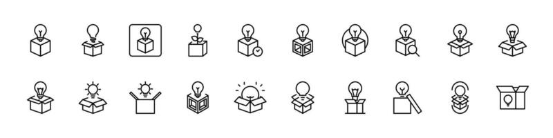 Collection of Light Bulb in Box Related Line Icons. Outline Signs for Graphic and Web Design, Apps, Adverts, Various Cards vector