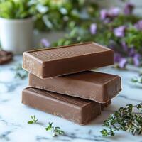 Milk Chocolate Bars Stacked on Marble Surface photo