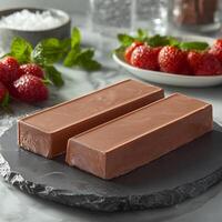 Two Milk Chocolate Bars Resting on Dark Stone photo