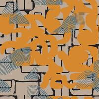 Seamless, colorful Japanese and tribal hand drawn meaningless abstract silhouette alphabet forms pattern, ethnic folk brush line, hand paint, wood carving textured surface background for textile vector