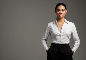 Confident Woman in White Shirt and Black Pants at Studio Portrait photo