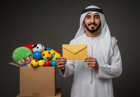 Man in Traditional Clothing Holding Donation Envelope with Toys photo