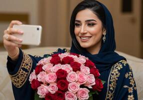 Woman in Abaya Taking Selfie with Roses photo