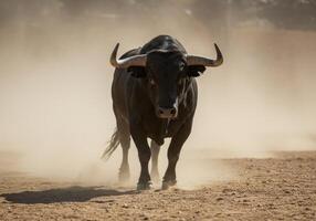 Majestic Black Bull Running in Dust Spanish Fighting Bull photo