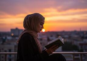 Woman with Hijab Reading Quran at Sunset photo