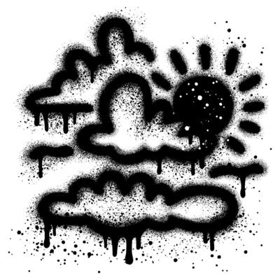 clouds with sun in urban graffiti style with black spray paint.