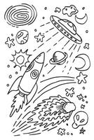 Doodle style science fiction set sketch. Set includes retro rocket ship and a variety of cartoon planets.doodle space element. vector